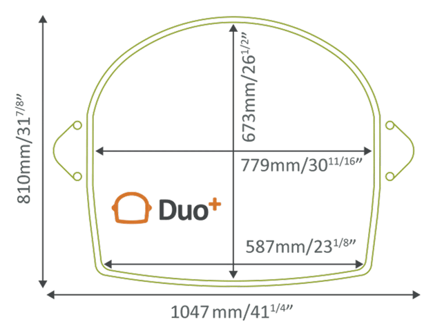 Top-down floor plan showing Stiltz Duo+ footprint dimensions