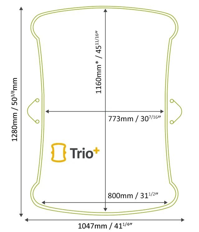 Top-down floor plan showing Stiltz Trio+ footprint dimensions