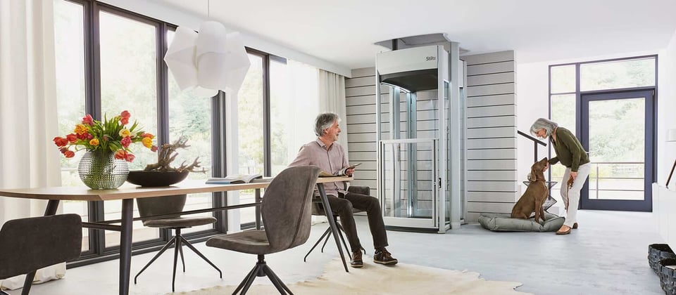 The interior of a Stiltz Trio home lift, with room for three passengers